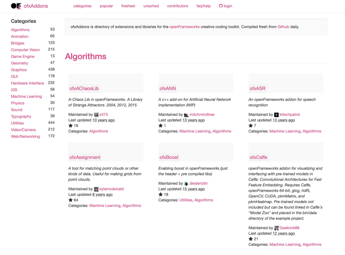 Screenshot of the original ofxAddons.com site, showing its Algorithms category listing